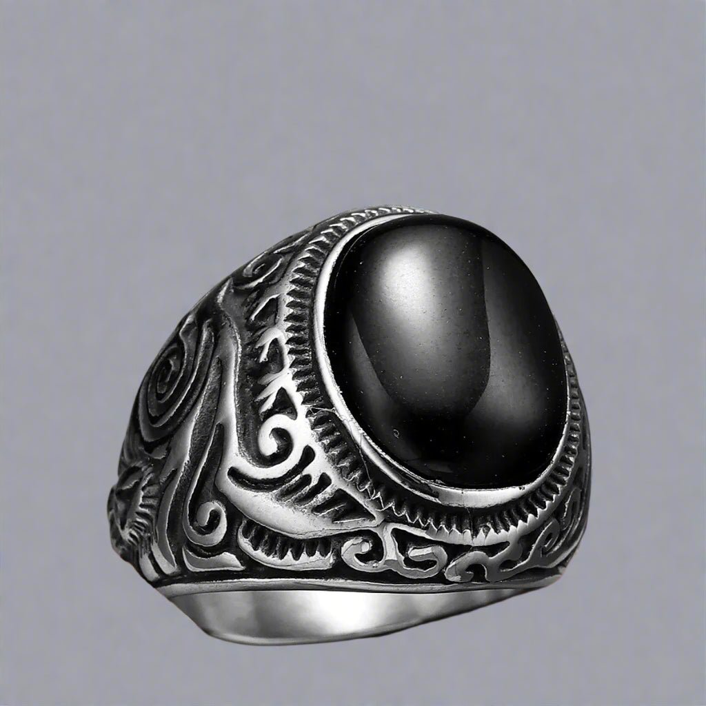 Vintage Black Turquoise Men’s Ring - Stainless Steel Punk Rock Jewelry - HalleBeauty