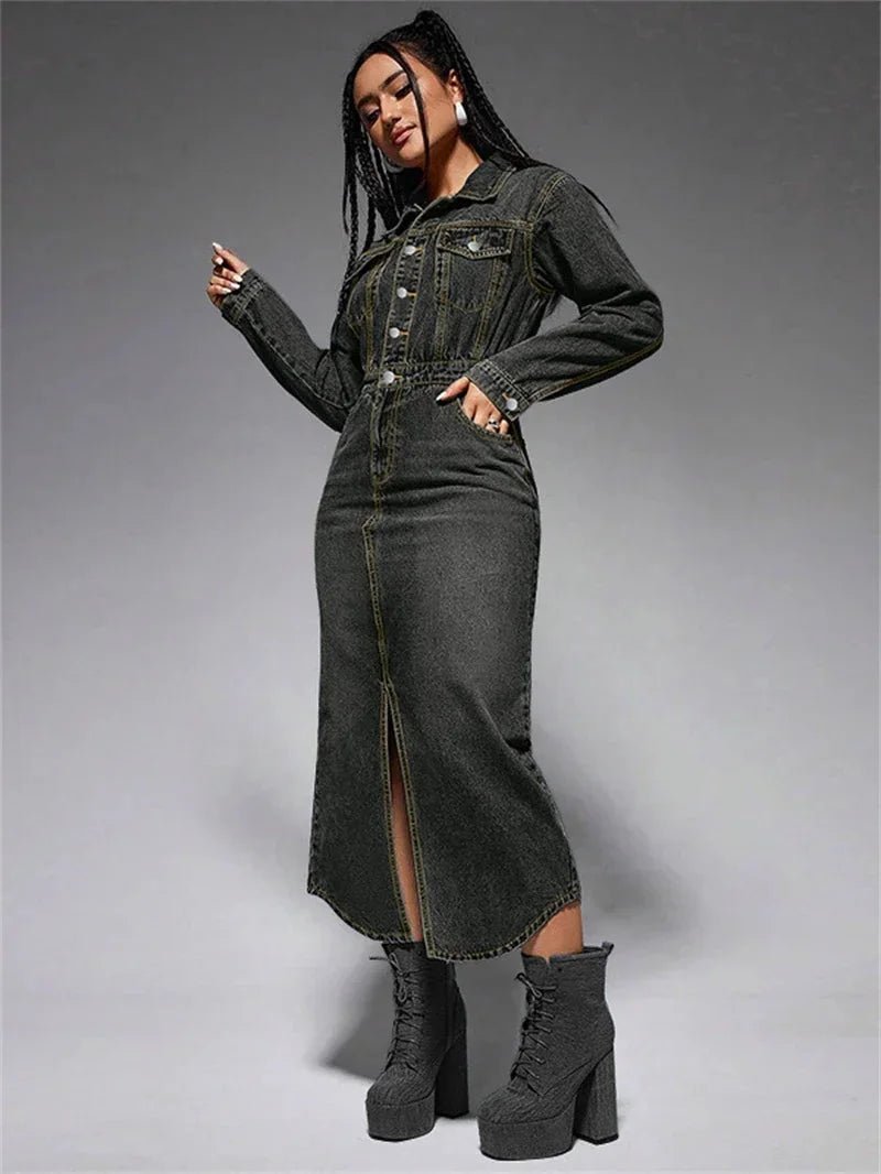 Vintage Button - Front Denim Dress - Western Streetwear Collar - HalleBeauty