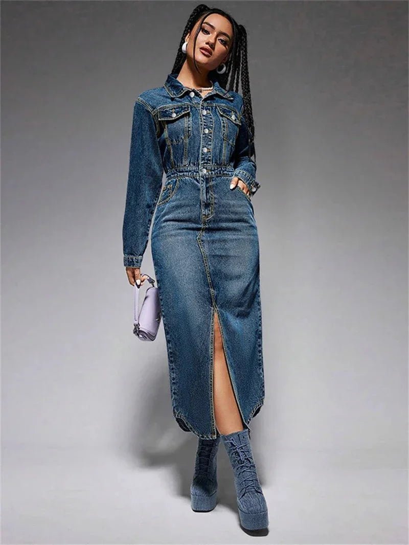 Vintage Button - Front Denim Dress - Western Streetwear Collar - HalleBeauty
