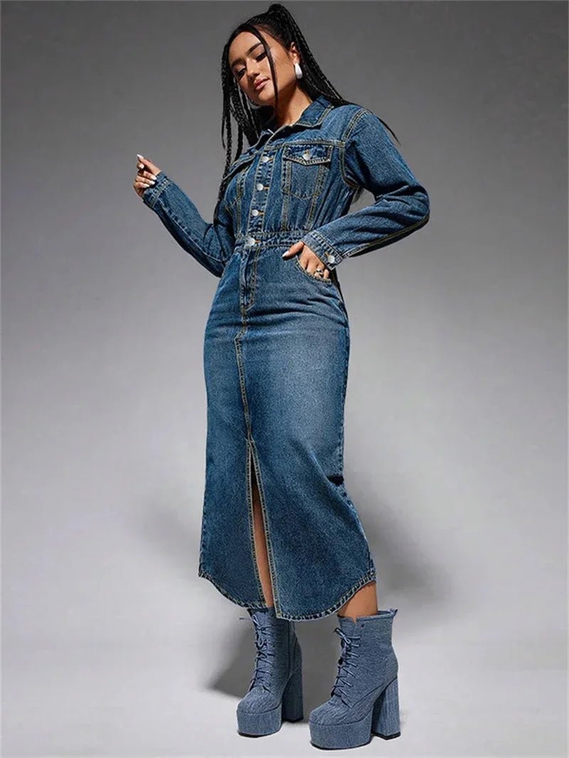 Vintage Button - Front Denim Dress - Western Streetwear Collar - HalleBeauty