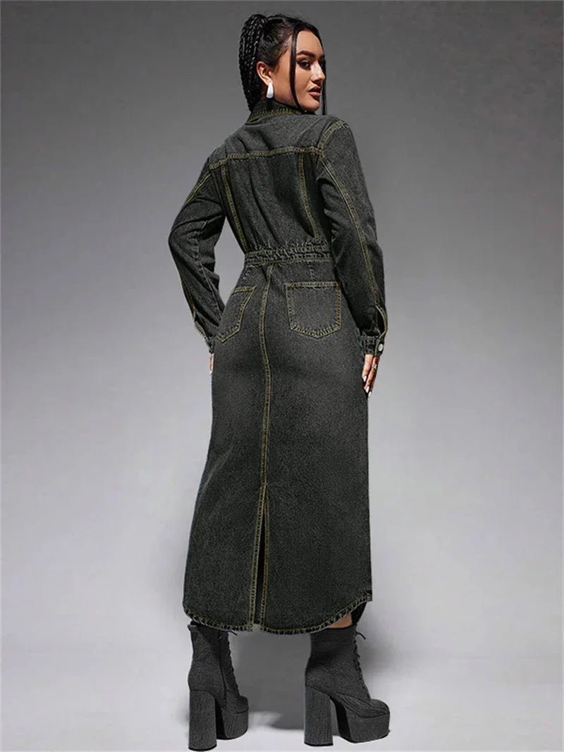 Vintage Button - Front Denim Dress - Western Streetwear Collar - HalleBeauty