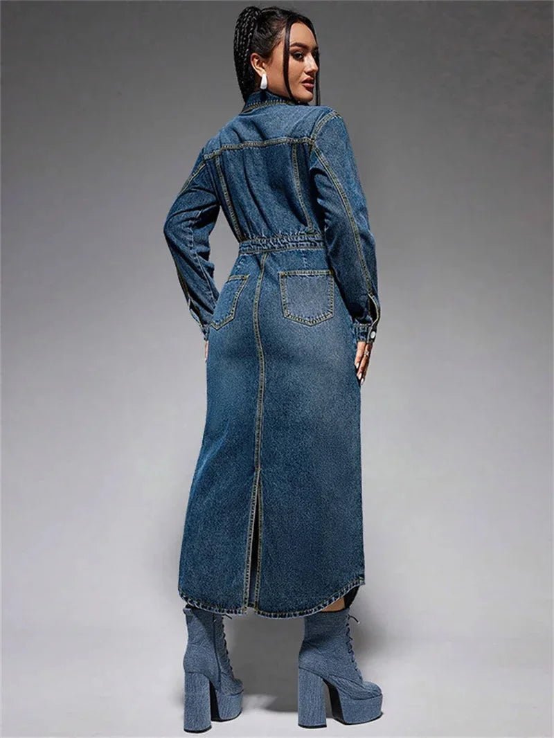 Vintage Button - Front Denim Dress - Western Streetwear Collar - HalleBeauty