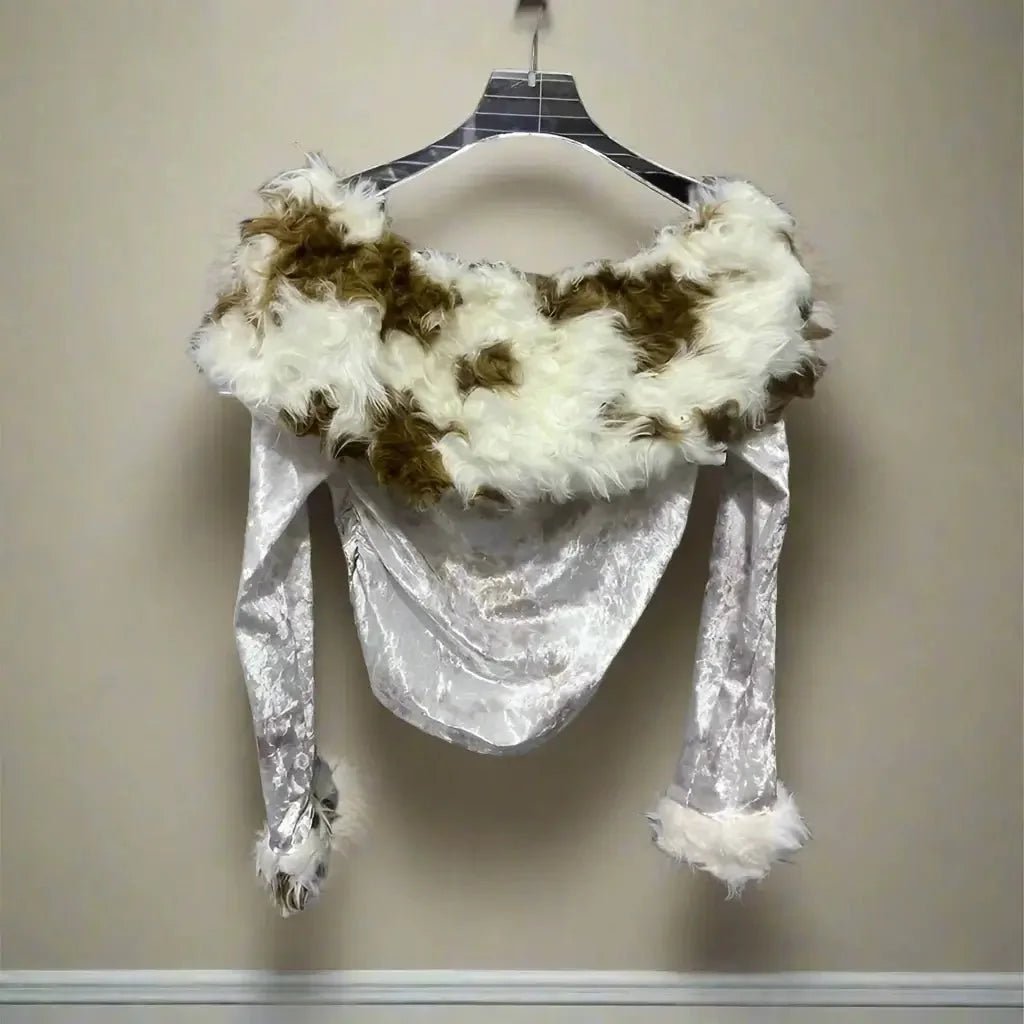 Vintage Fashion Women's Spliced Plush Collar Short T-shirt - HalleBeauty