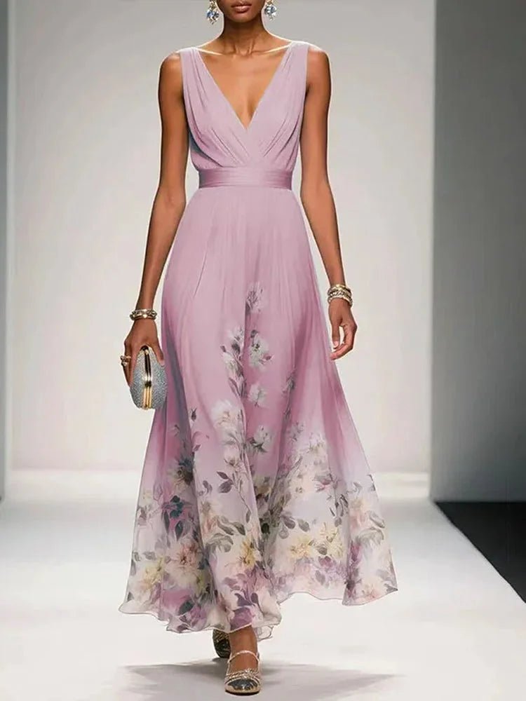 Vintage Floral V - Neck Party Dress - HalleBeauty