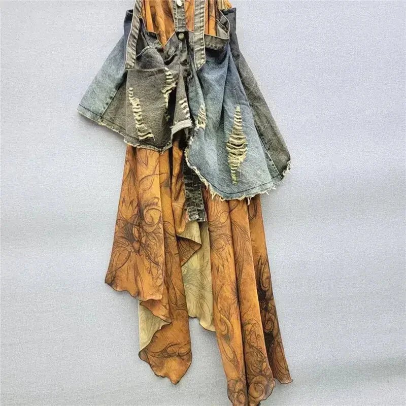 Vintage Women's Patchwork Denim Design Sling Dress - HalleBeauty