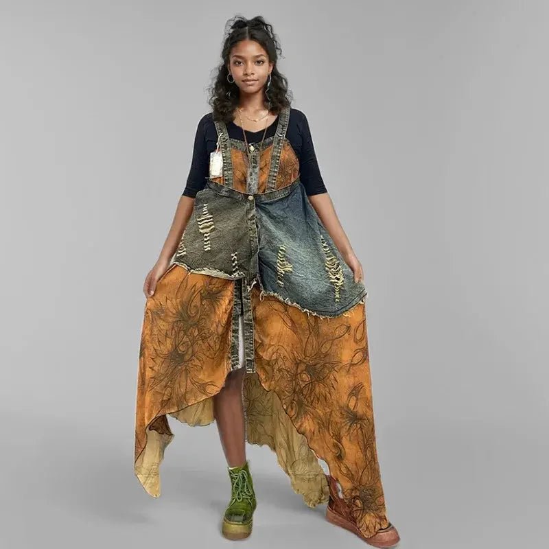 Vintage Women's Patchwork Denim Design Sling Dress - HalleBeauty