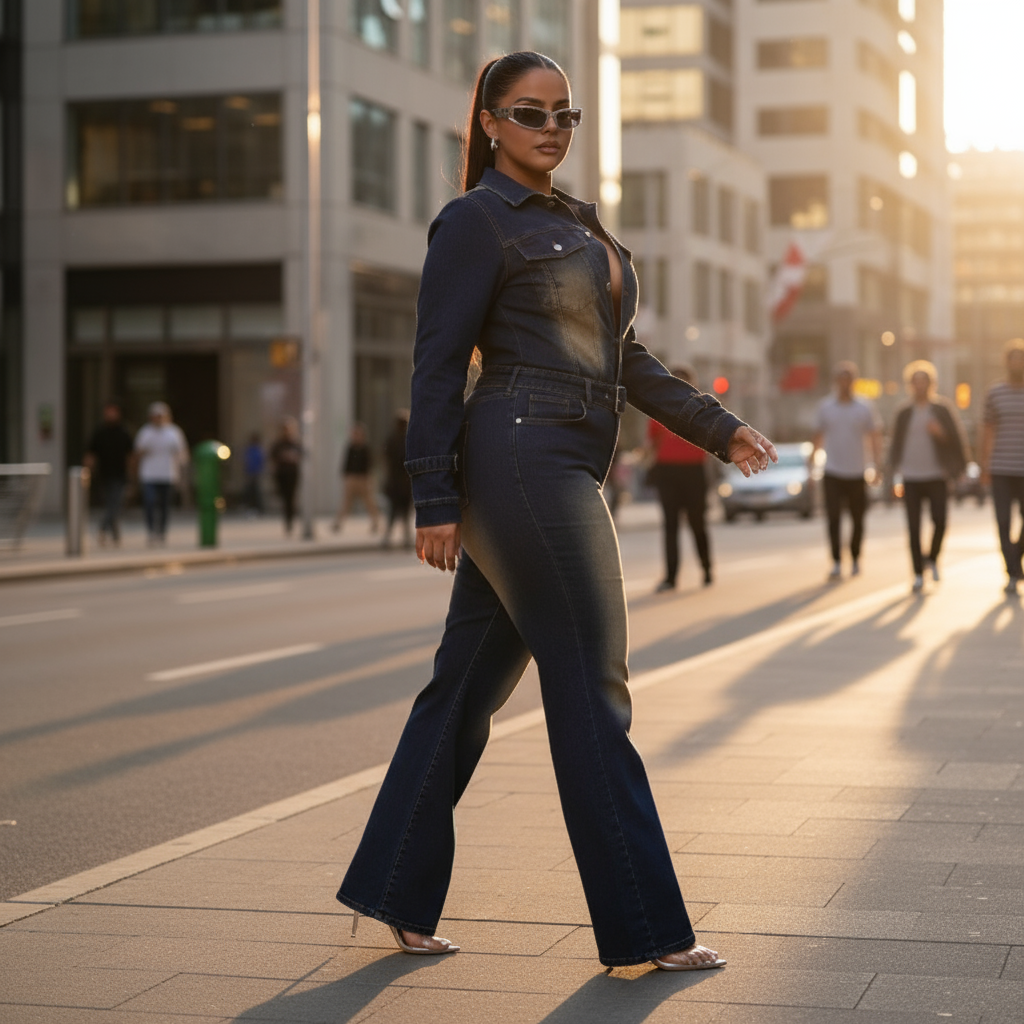 Woman walking in dark blue flared denim jumpsuit on city street
