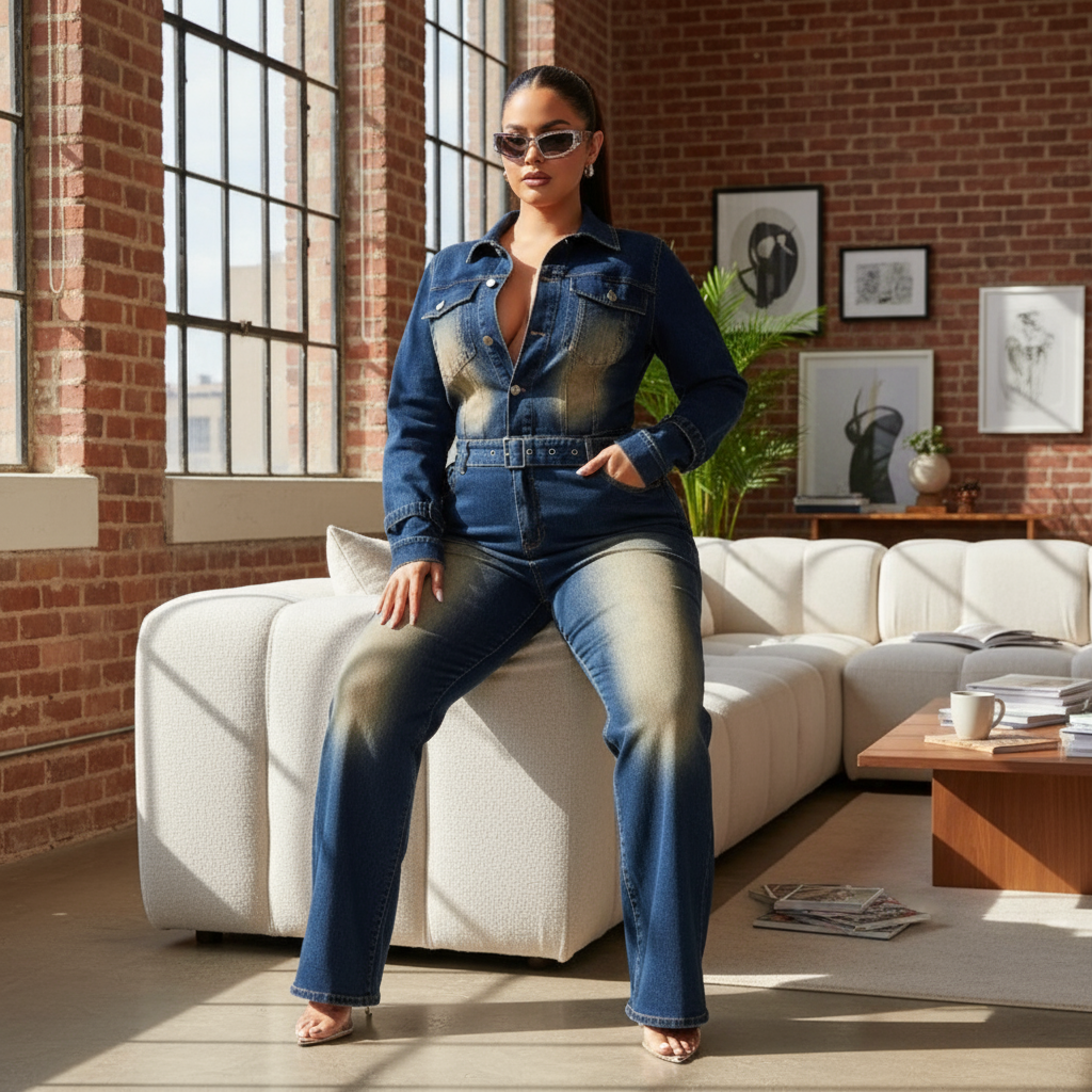 Woman wearing belted denim jumpsuit in modern loft apartment
