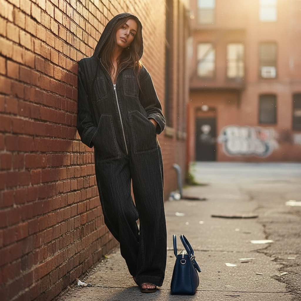 Woman wearing black denim hoodie jumpsuit against brick wall