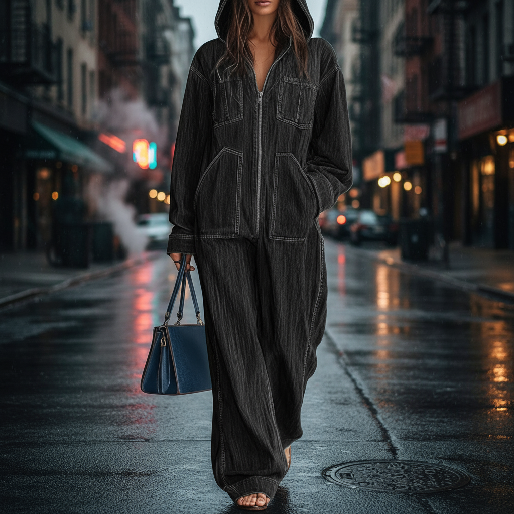 Woman wearing black denim hoodie jumpsuit on city street at dusk