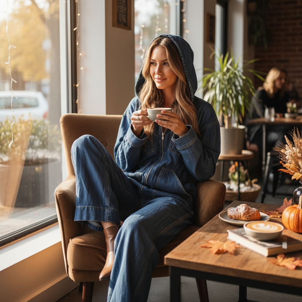 Woman wearing blue denim hooded jumpsuit at coffee shop