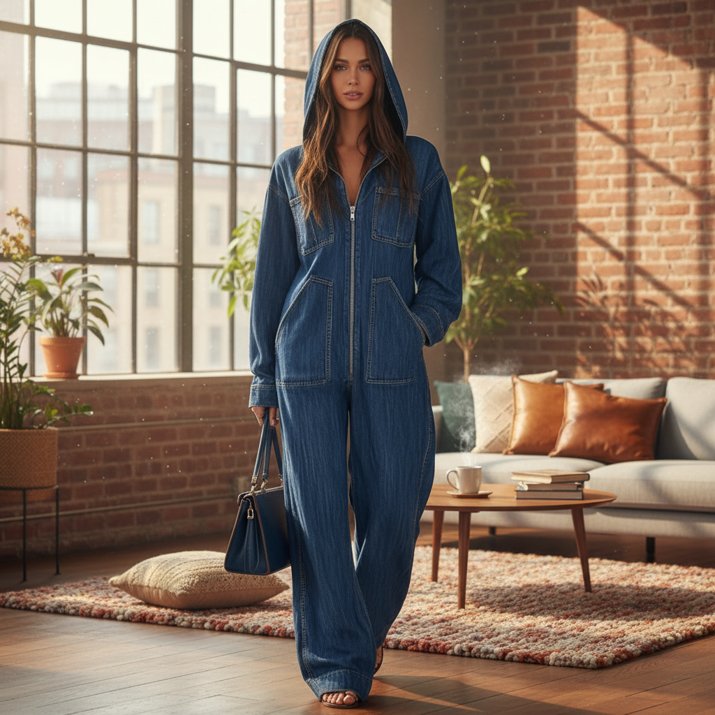 Woman wearing blue denim hoodie jumpsuit in modern loft