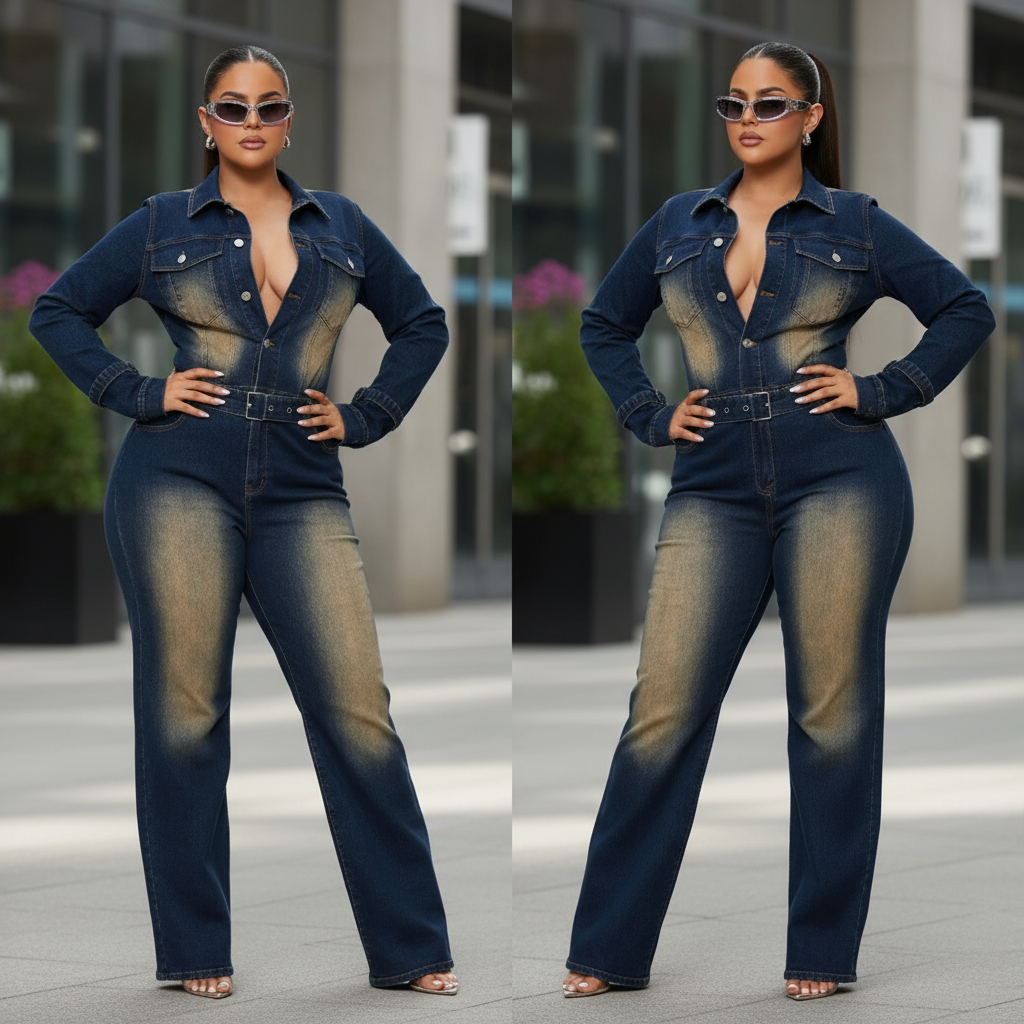 Woman wearing dark blue flared denim jumpsuit in urban setting