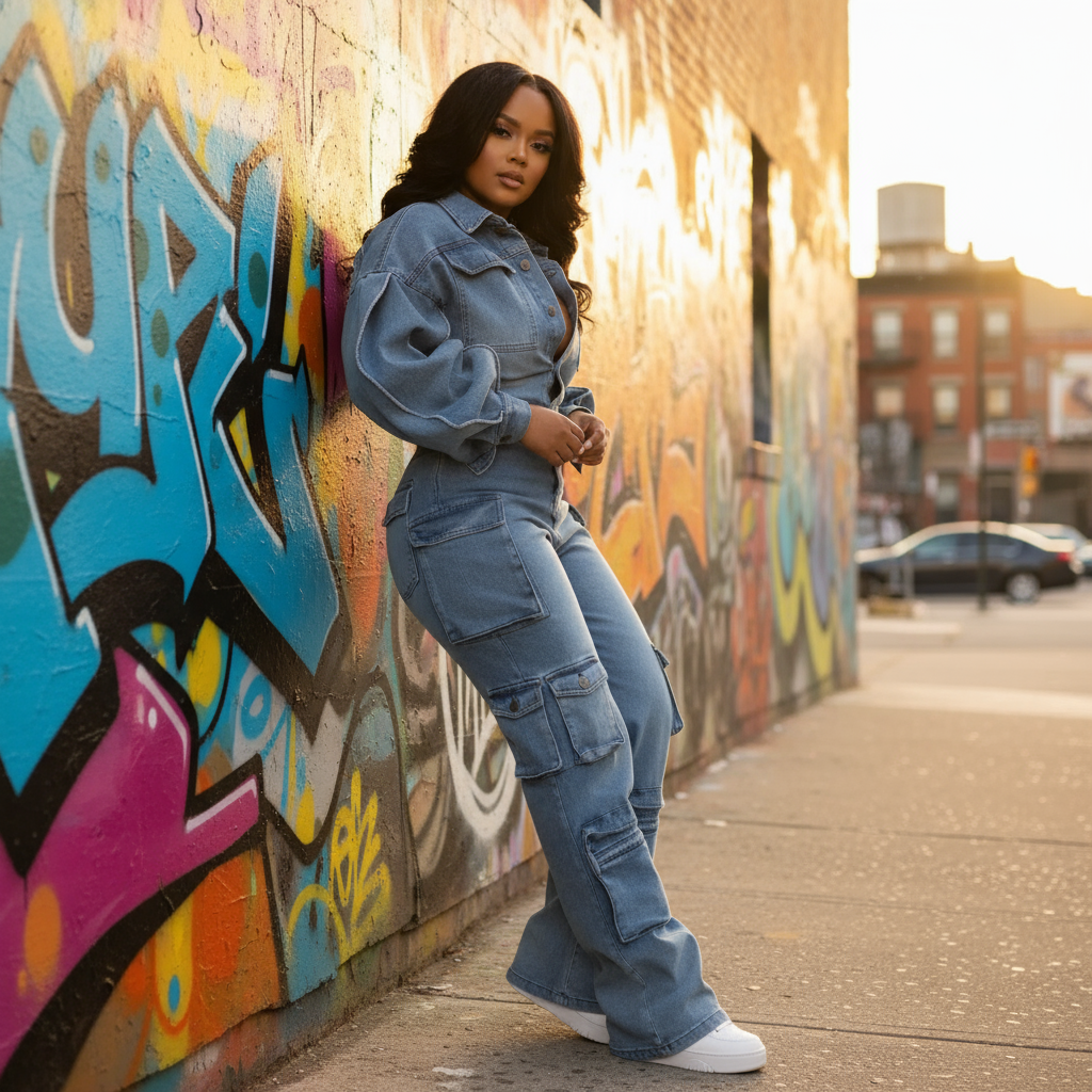 Woman wearing denim jumpsuit against graffiti wall