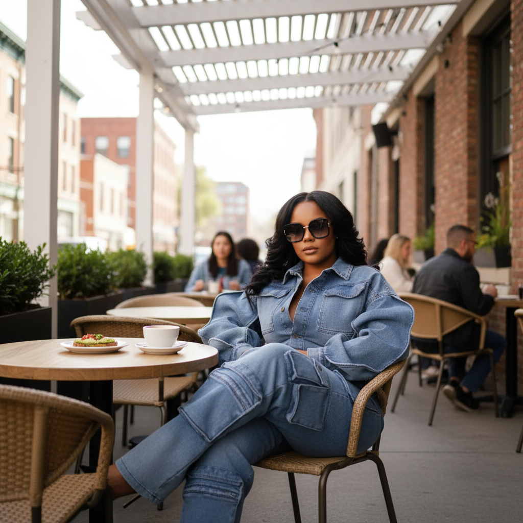 Woman wearing denim jumpsuit at outdoor café