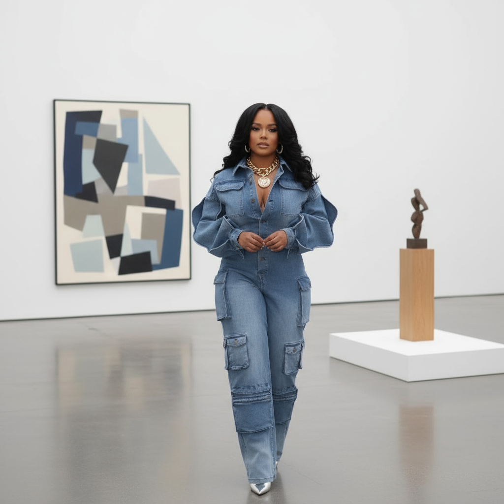 Woman wearing denim jumpsuit in art gallery