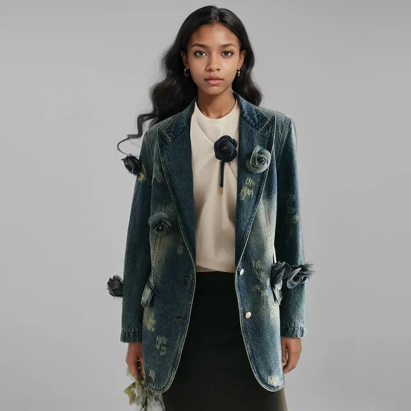 Women's 3D Floral Embroidered Relaxed Denim Blazer - HalleBeauty