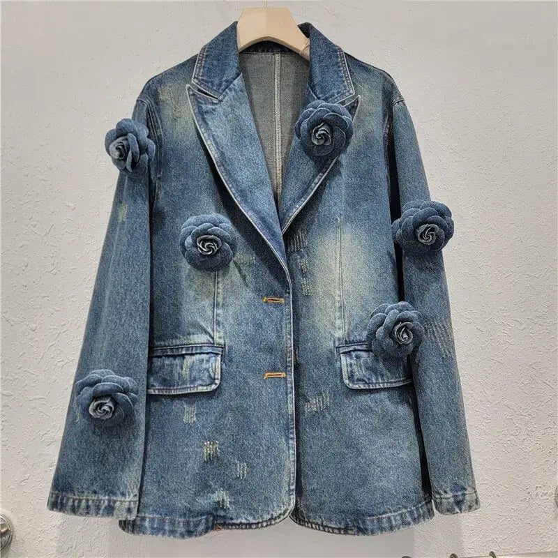 Women's 3D Floral Embroidered Relaxed Denim Blazer - HalleBeauty