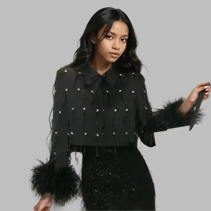Women’s Diamond Spliced Blazer – Feather Tassel Trendy Style - HalleBeauty