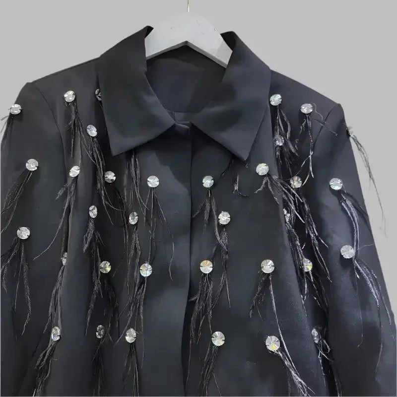 Women’s Diamond Spliced Blazer – Feather Tassel Trendy Style - HalleBeauty