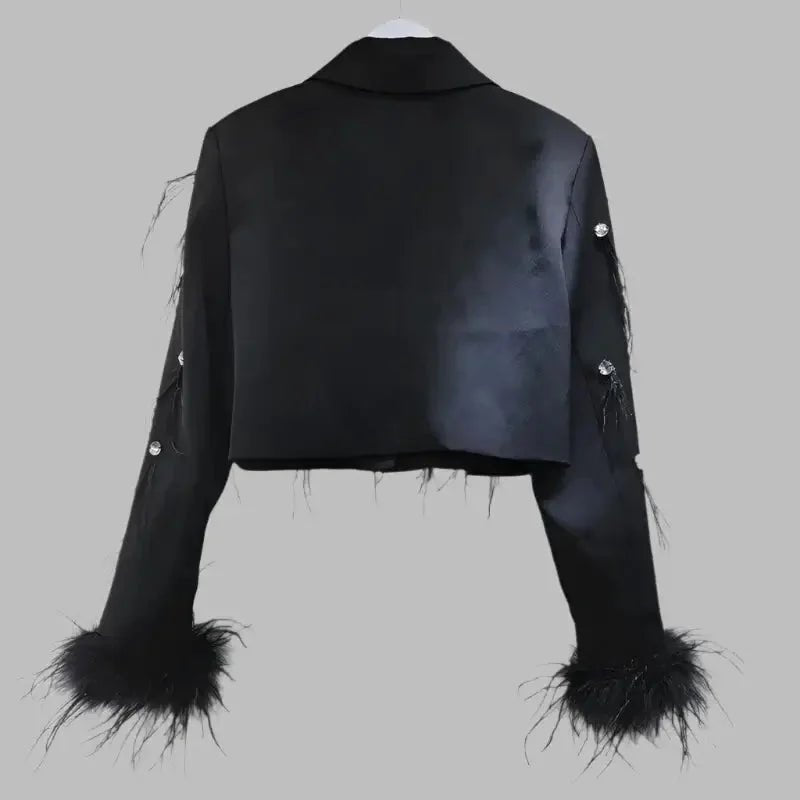 Women’s Diamond Spliced Blazer – Feather Tassel Trendy Style - HalleBeauty