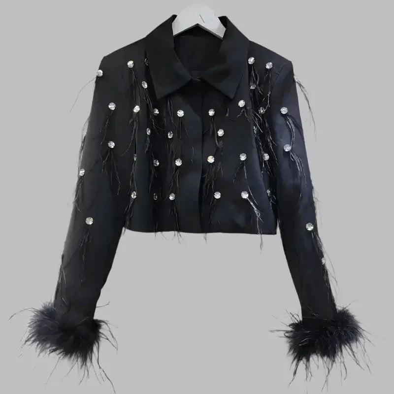 Women’s Diamond Spliced Blazer – Feather Tassel Trendy Style - HalleBeauty