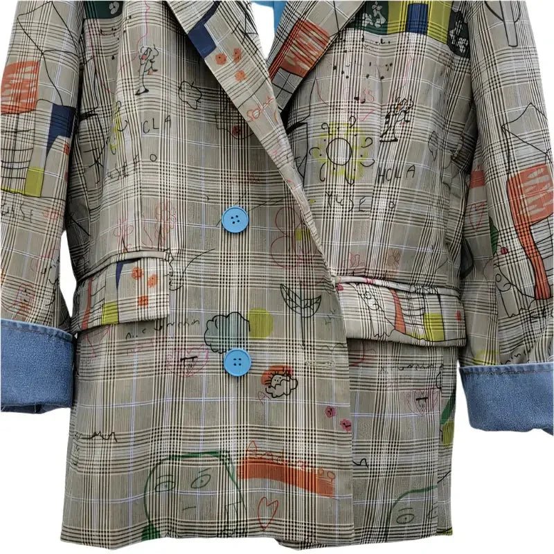 Women’s Gray Plaid Graffiti Blazer – Trendy Loose Fit - HalleBeauty