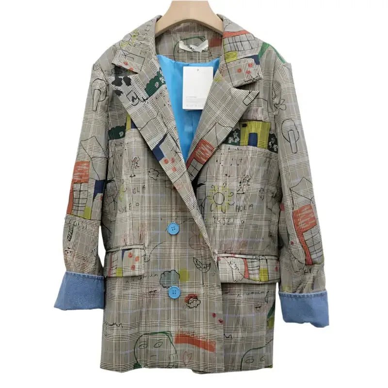 Women’s Gray Plaid Graffiti Blazer – Trendy Loose Fit - HalleBeauty