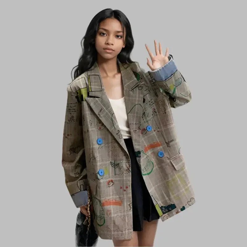 Women’s Gray Plaid Graffiti Blazer – Trendy Loose Fit - HalleBeauty