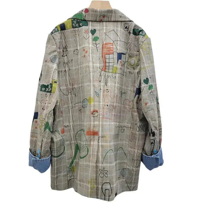 Women’s Gray Plaid Graffiti Blazer – Trendy Loose Fit - HalleBeauty