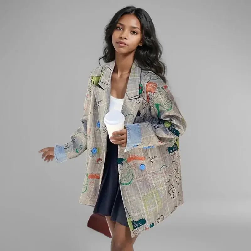 Women’s Gray Plaid Graffiti Blazer – Trendy Loose Fit - HalleBeauty