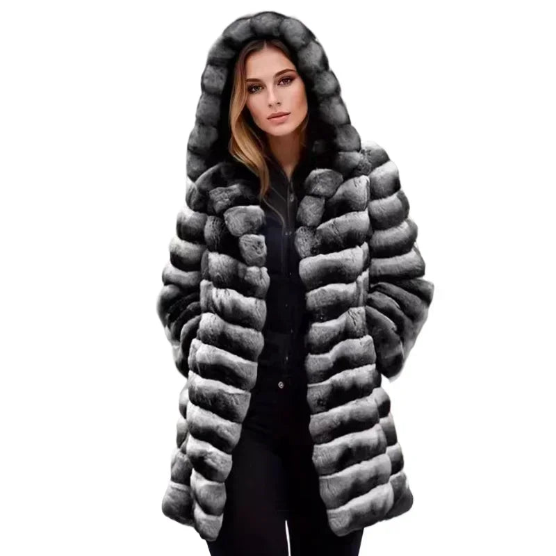 Women’s Hooded Faux Fur Coat – Color Clash Winter Jacket - HalleBeauty