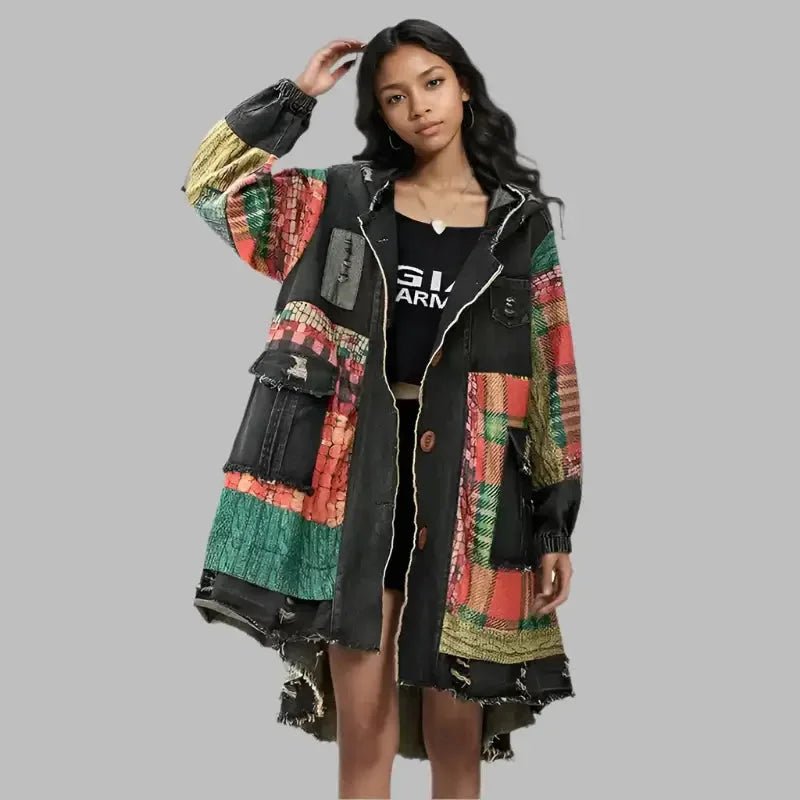Women’s Plaid Patchwork Denim Coat – Vintage Hooded Style - HalleBeauty