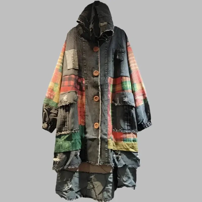 Women’s Plaid Patchwork Denim Coat – Vintage Hooded Style - HalleBeauty