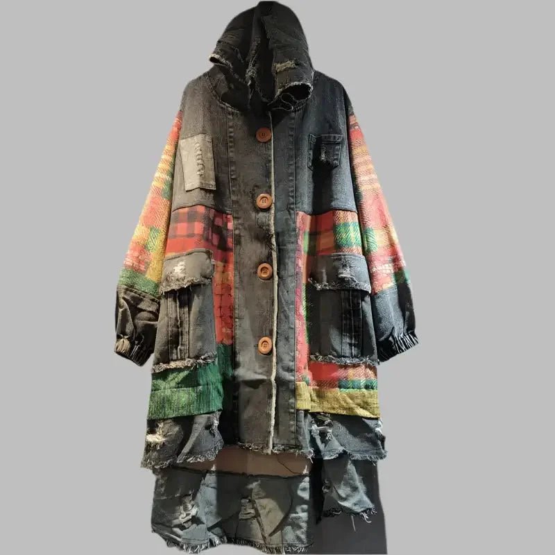 Women’s Plaid Patchwork Denim Coat – Vintage Hooded Style - HalleBeauty