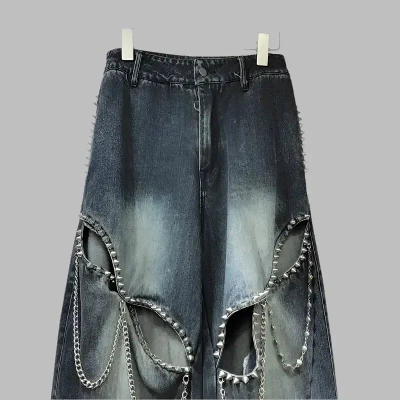 Women's Rivet Cut - Out Chain Detail Wide - Leg Jeans - HalleBeauty