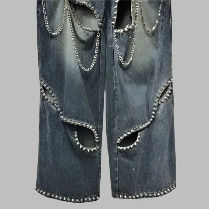 Women's Rivet Cut - Out Chain Detail Wide - Leg Jeans - HalleBeauty