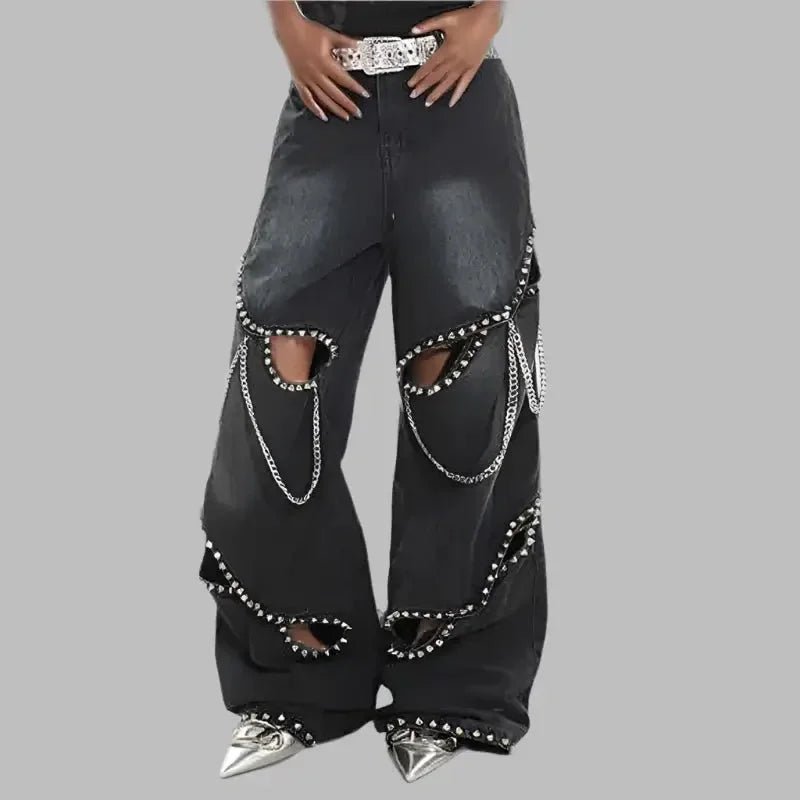 Women's Rivet Cut - Out Chain Detail Wide - Leg Jeans - HalleBeauty