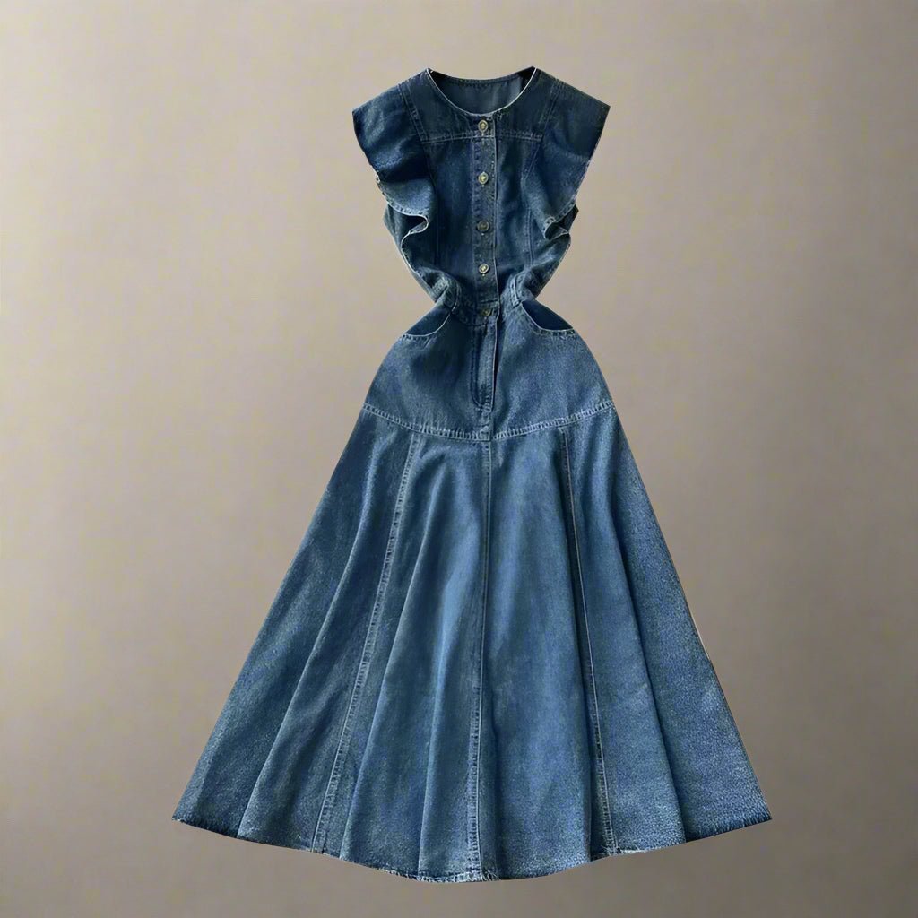 Women's Ruffled Hem Sleeveless Denim Maxi Dress - HalleBeauty