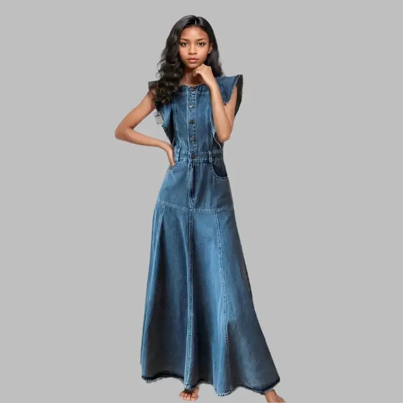 Women's Ruffled Hem Sleeveless Denim Maxi Dress - HalleBeauty