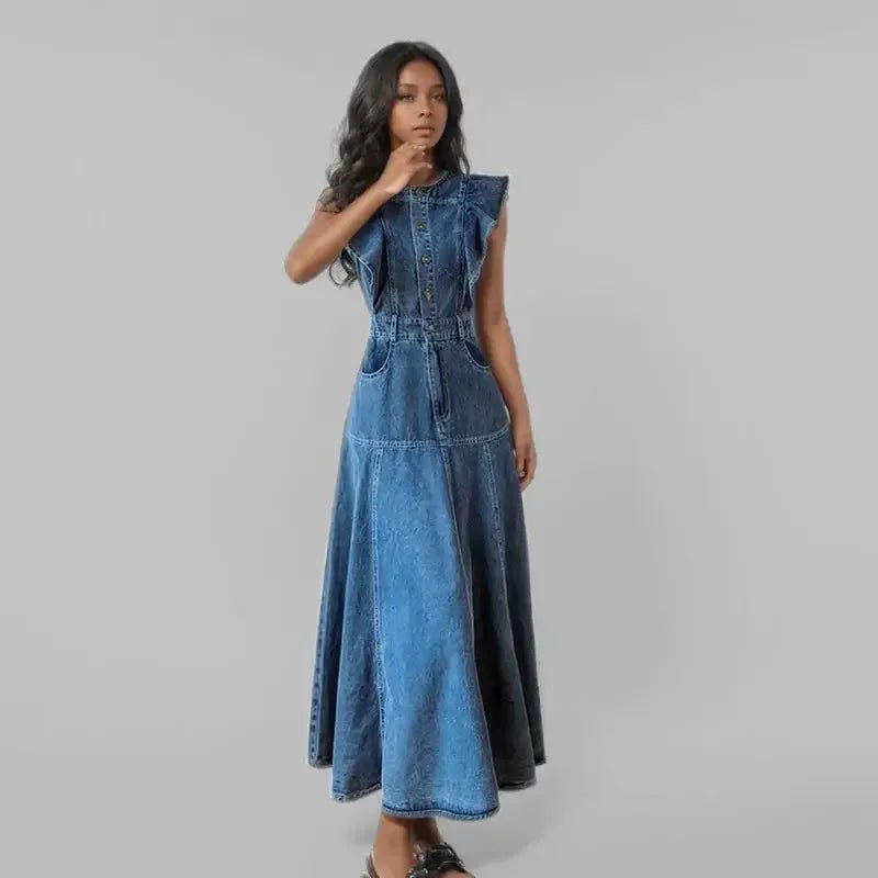 Women's Ruffled Hem Sleeveless Denim Maxi Dress - HalleBeauty