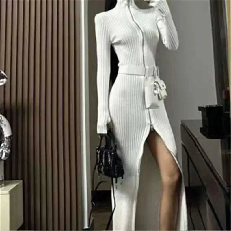 Women's Striped Knit Long Dress – Stand Collar & Belted Bag Detail - HalleBeauty