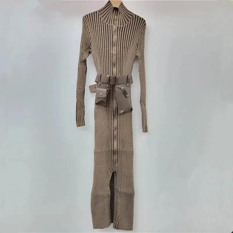 Women's Striped Knit Long Dress – Stand Collar & Belted Bag Detail - HalleBeauty