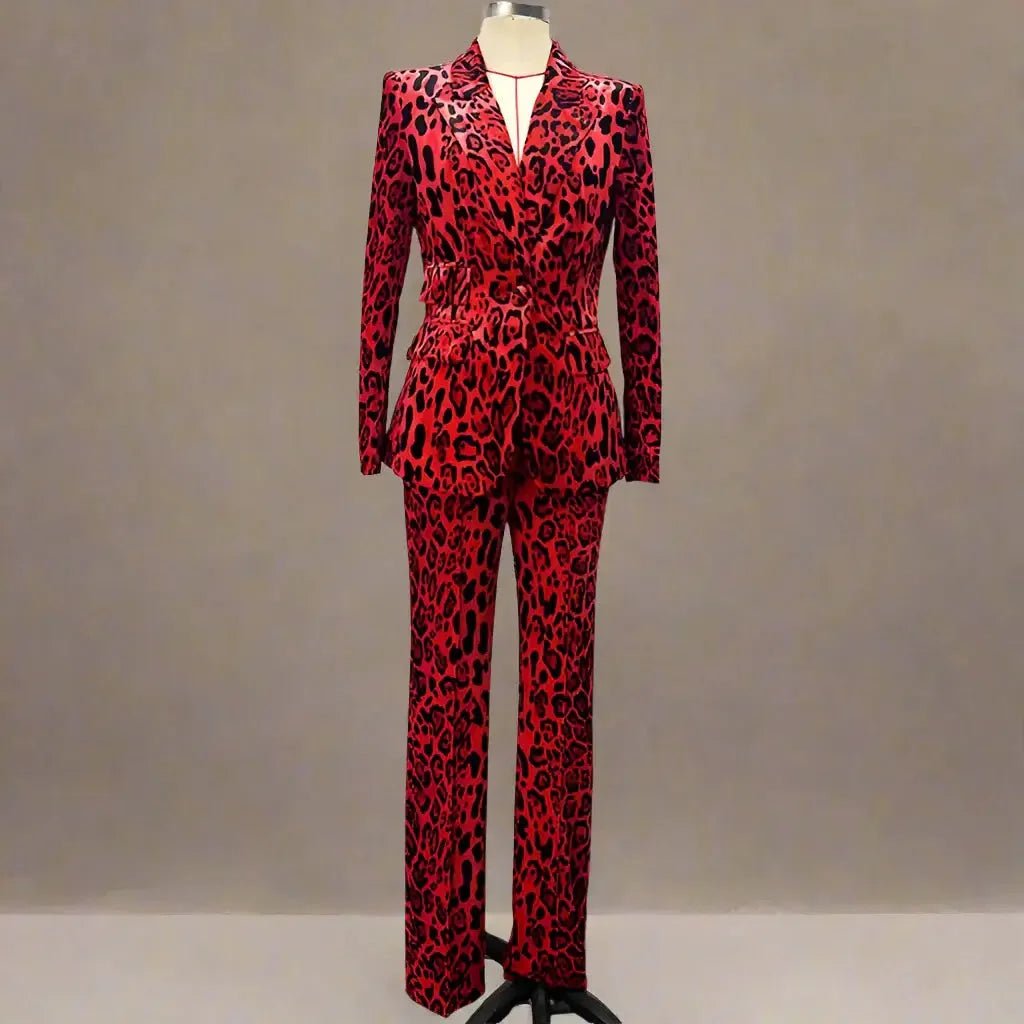 Women's Suits Leopard Print Velvet Blazer High Waist Slim Pants - HalleBeauty
