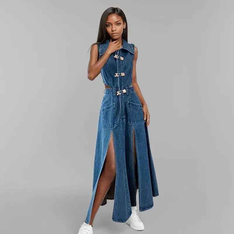 Women’s Waist Hollow Out Denim Long Dress – Trendy Sleeveless Split Dress - HalleBeauty