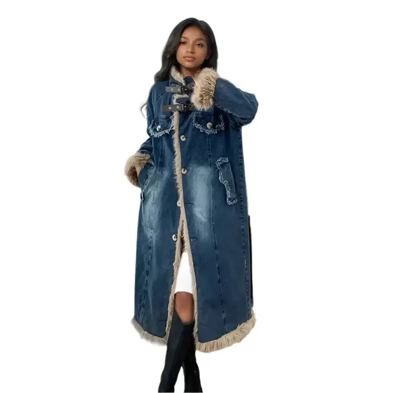 Women's Warm Denim Long Coat with Plush Trim &amp; Belt - HalleBeauty