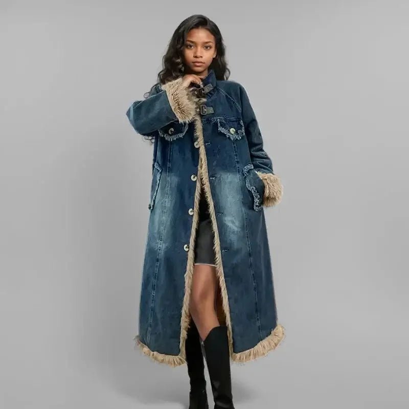 Women's Warm Denim Long Coat with Plush Trim &amp; Belt - HalleBeauty