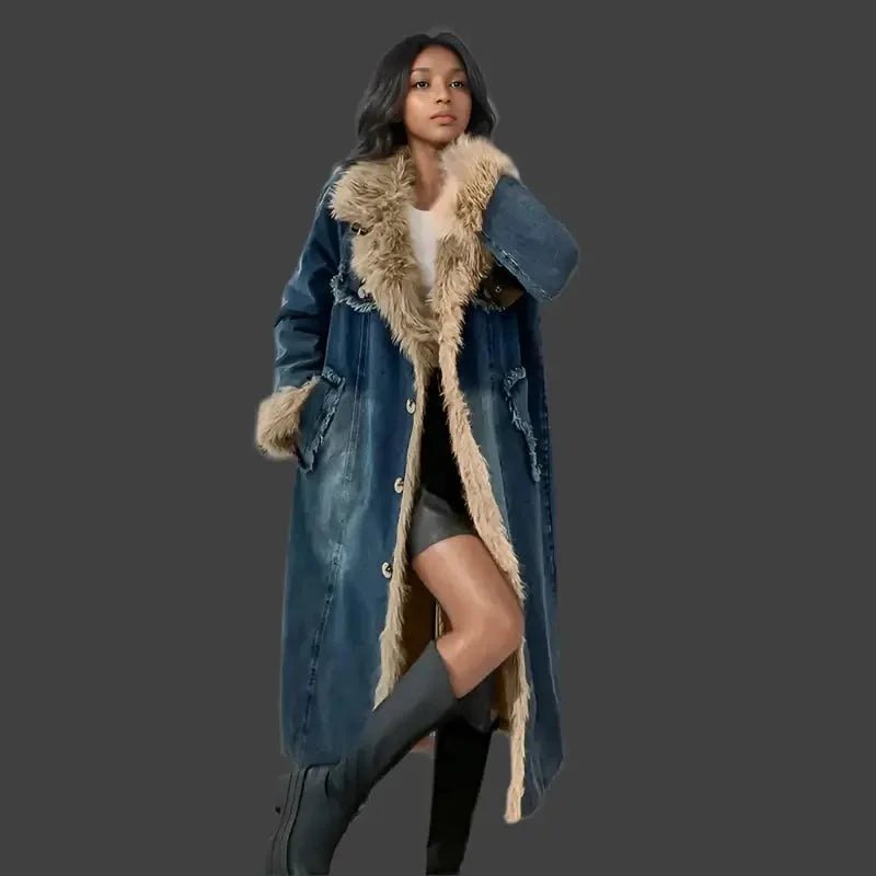 Women's Warm Denim Long Coat with Plush Trim &amp; Belt - HalleBeauty