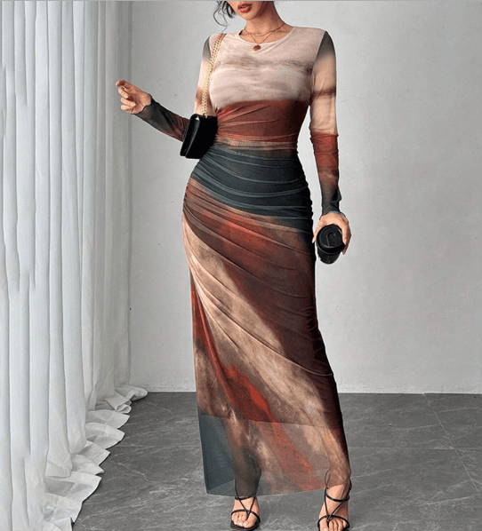 Wrap Maxi Dress - Autumn Long Sleeve Contrast Trim - HalleBeauty