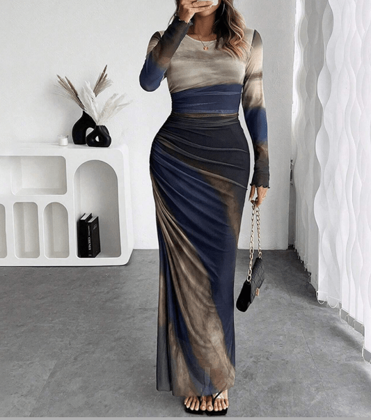 Wrap Maxi Dress - Autumn Long Sleeve Contrast Trim - HalleBeauty